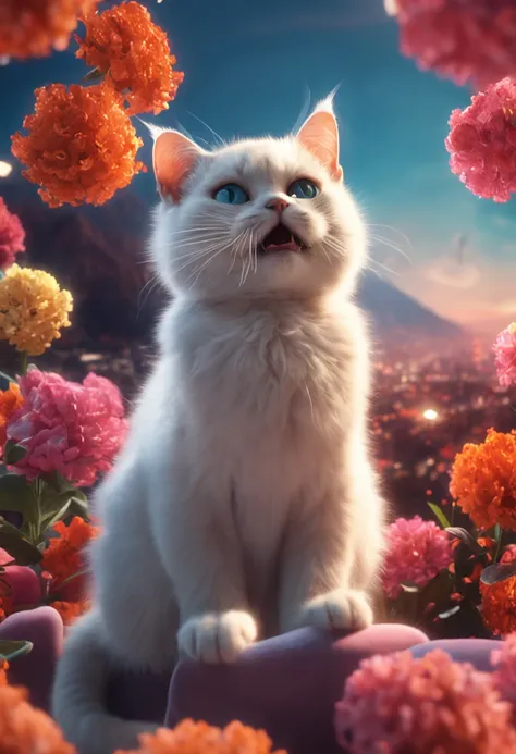 masterpiece, best quality, movie still, tuxedo cat, shake hand, cute, cat cloud girl, floating in the sky, close-up, bright, happy, warm soft lighting, sunset, (sparks:0.7)