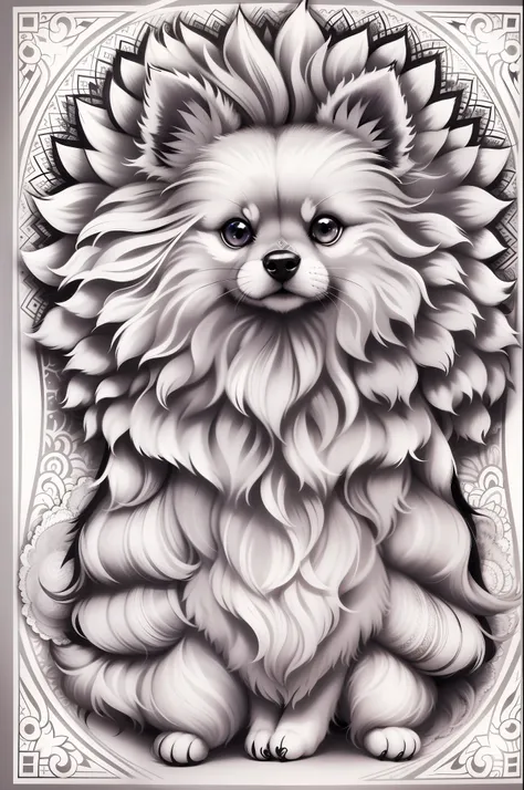 Pomerania for a coloring, linhas em negrito, linhas escuras, estilo mandala, simetrico, fundo branco, Arte de linha limpa, arte de linha fina, preto e branco, colorir