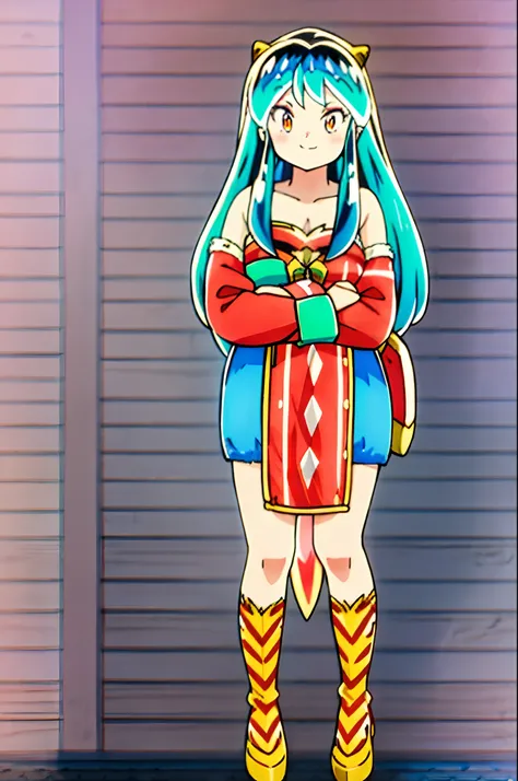 lum, 1girl, tribal clothing, fur clothing,holding (lance),barbarian, smile, blush, full body standing