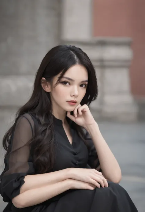 8K delicate perfect real 2D black long hair and black eyes mature young woman wearing black professional uniform, legs wearing black silk, delicate face, mature figure