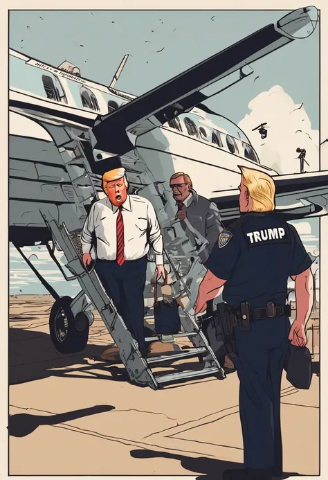 Donald Trump near a plane ladder being handcuffed by two police officers.