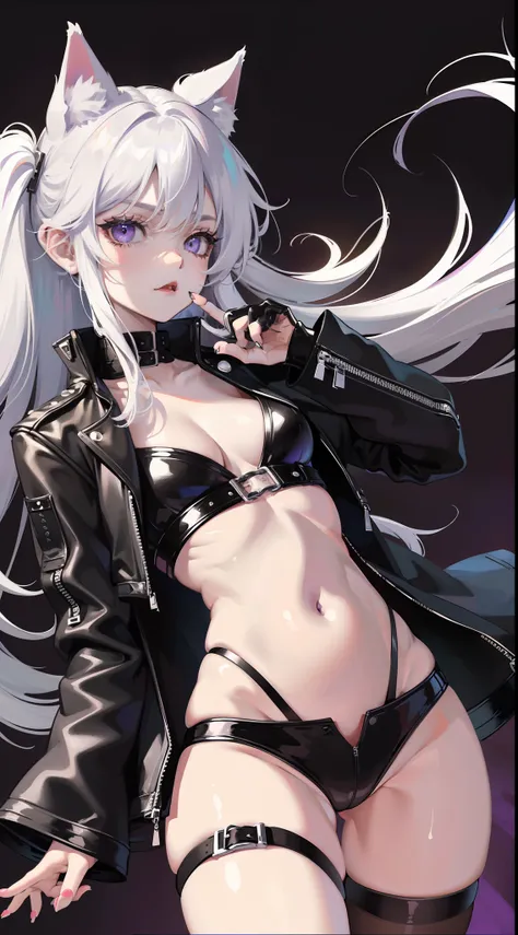 young girl, Long white hair, cat ears, violet eyes, leather jacket, briefs, tear stockings, Black Top, open belly, Lots of scars, claws, anger, Masterpiece, hiquality