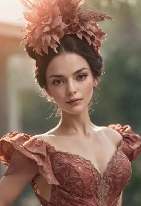 Photorealistic head-to-toe image of a gorgeous brunette woman wearing a tight formal gala-dress and a large chupalla-hat, hair in a bun, hair-bun, Colorants naturels, pose dynamique, Kinematic image, —Niji 5 — Expressive style Textured detail Gorgeous face...