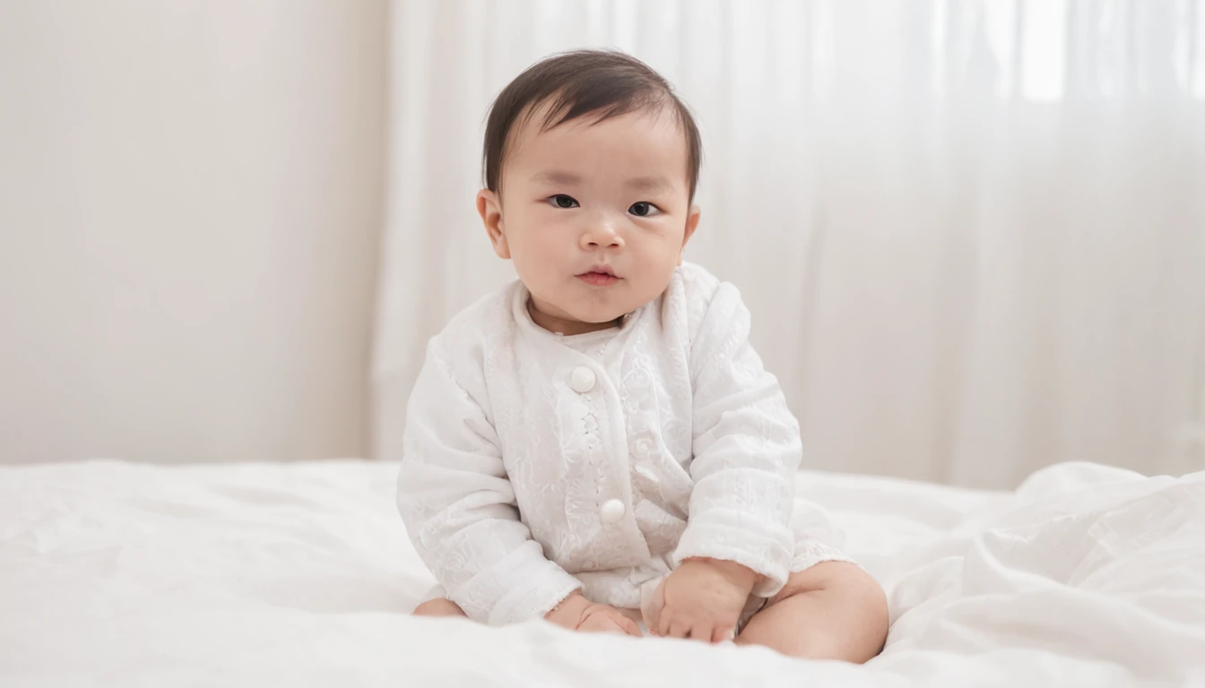 A three-year-old sleeps on his tummy，white  clothes，Full body photo，Asians，photographed、photore，k hd，Heads-up