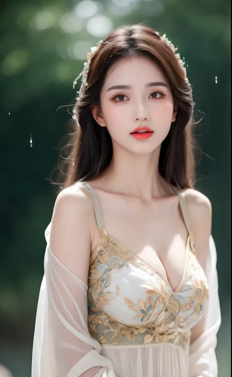 ((Best Quality, 8k, Masterpiece: 1.3)), Focus: 1.2, Perfect Body Beauty: 1.4, Buttocks: 1.2, ((Layered Haircut)), (Wet Clothes: 1.1), (Rain, Street:1.3), (Breasts: 1.2), (Hanfu: 1.2), Bare Shoulders, Bare Legs, Highly Detailed Face and Skin Texture, Fine E...