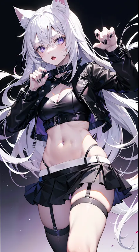 young girl, Long white hair, cat ears, violet eyes, leather jacket, briefs, tear stockings, Black Top, open belly, Lots of scars, claws, anger, Masterpiece, hiquality