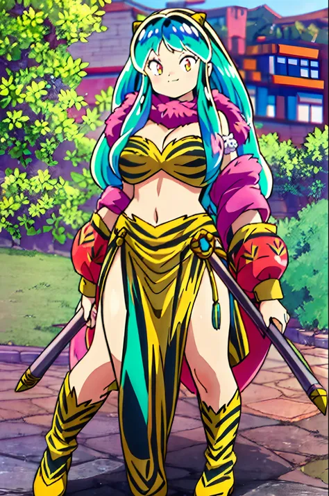 lum, 1girl, tribal clothing, fur clothing,holding (lance),barbarian, smile, blush, full body standing, possing, kunhfu