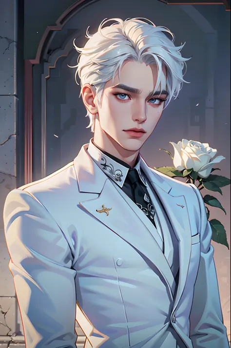 there is a man with white hair and a white suit holding a rose, by yang j, ig model | artgerm, extremely detailed white haired d...