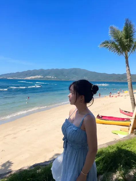 arafed woman in a blue dress standing on a beach next to a body of water, profile image, 🤬 🤮 💕 🎀, posing on a beach with the ocean, sunny day at beach, paradise in the background, 😭 🤮 💕 🎀, the ocean in the background, standing at the beach, Chiba Yuda