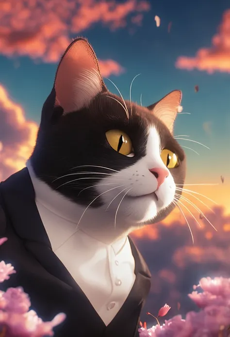 masterpiece, best quality, movie still, 1 girl, cute, tuxedo cat, tuxedo cat cloug, floating in the sky, close-up, bright, happy, warm soft lighting, ghibli style, anime, book, sunset, (sparks:0.7)