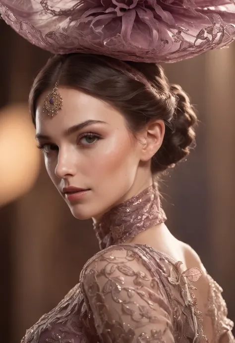 Photorealistic head-to-toe image of a gorgeous brunette woman wearing a tight formal gala-dress and a large chupalla-hat, hair in a bun, hair-bun, Colorants naturels, pose dynamique, Kinematic image, detail Gorgeous face, detailed skin, (Epic science-ficti...