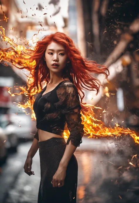 portraiture, Broken glass effect, Vivid yellow flame, Ethereal sparks, Mesmerizing colors, A beautiful Japanese woman who is fierce and elegant, Strong gaze, Flowing fiery red hair, Dynamic aerial pose, Broken environment, Urban chaos background, cinematic...