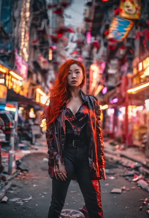 portraiture, Broken glass effect, Vivid yellow flame, Ethereal sparks, Mesmerizing colors, A beautiful Japanese woman who is fierce and elegant, Strong gaze, Flowing fiery red hair, Dynamic aerial pose, Broken environment, Urban chaos background, cinematic...