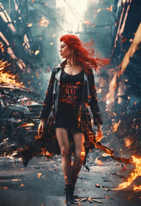 portraiture, Broken glass effect, Vivid yellow flame, Ethereal sparks, Mesmerizing colors, A beautiful Japanese woman who is fierce and elegant, Strong gaze, Flowing fiery red hair, Dynamic aerial pose, Broken environment, Urban chaos background, cinematic...