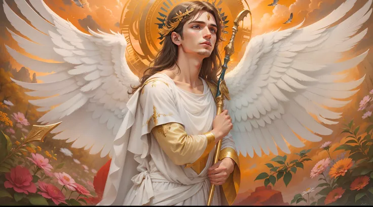 There is a painting of an angel with wings in the sky, Anjo majestoso de corpo inteiro, vestido com roupas brancas e vermelhas, biblical accurate angel, Arcanjo Miguel, anjo protegendo em guarda, angel spirit guide, angelic, Arcanjo Miguel, humano alado, e...