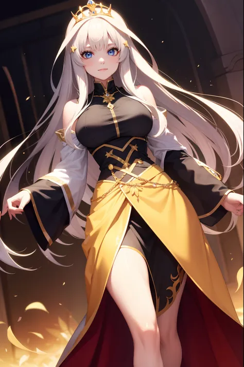 Golden clothes，Noble princess，noble，The skirt is large，flashy jewels，white color hair，