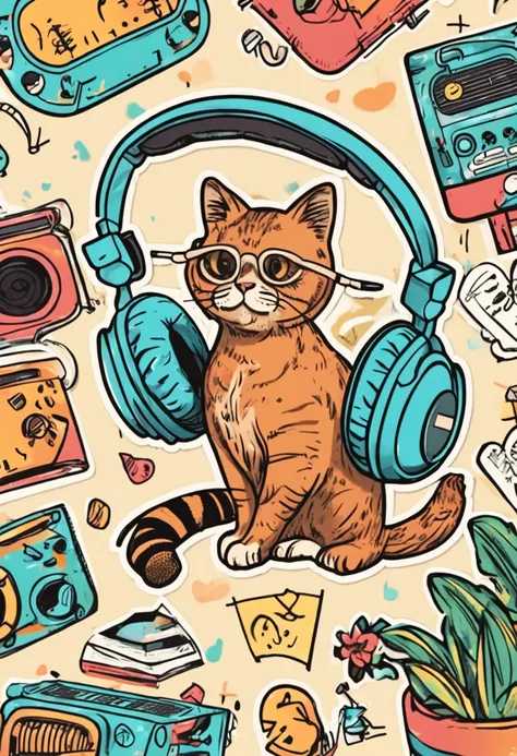 Cute stickers, Cat DJing with headphones, Tropical Beach, colourfull、Retro Classic, simple drawing,３〜６Stickers for children aged