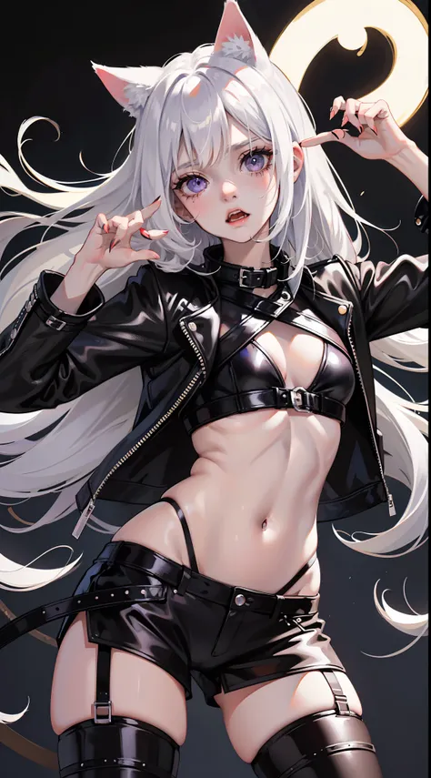 young girl, Long white hair, cat ears, violet eyes, leather jacket, briefs, tear stockings, Black Top, open belly, Lots of scars, claws, anger, Masterpiece, hiquality