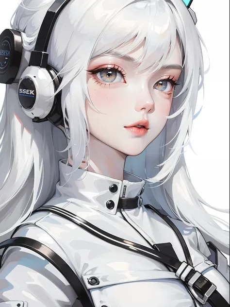 Close-up, anime girl, white hair, white eyes, white headphones, white techwear clothes