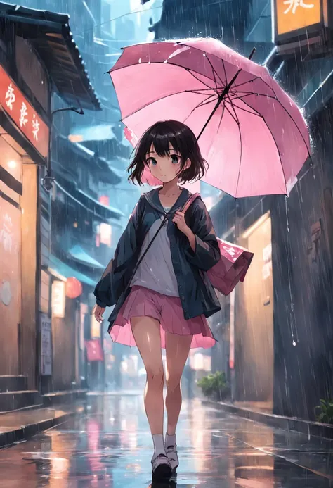 We can see a young girl，She wore short shorts and a pink top，Carrying a small bag，The slender hair flutters with the breeze。She has a beautiful face，The eyes are clear and bright。 The girl was holding a special umbrella，This umbrella is transparent，Without...