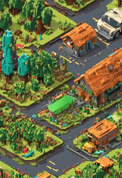 pixel art of a forest surrounded by electronic equipment with the floor being a printed circuit board, bela arte detalhada do pixel, altamente detalhado e colorido, arte lowpoly cor super detalhada, pixel art detalhado, arte do jogo ultra detalhada, arte d...