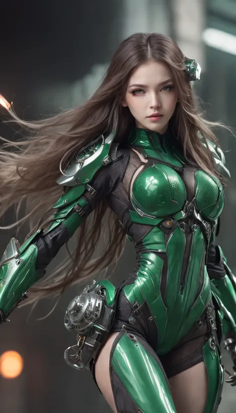 (Highest picture quality), (Masters work),(Detailed eyes description),(Detailed face description),
1girl,green eyes,green hair,(long hair),long hair (flowing in the wind),mechanical armor,sexy pose,armor details,green transparent PVC shell,fishnet stocking...