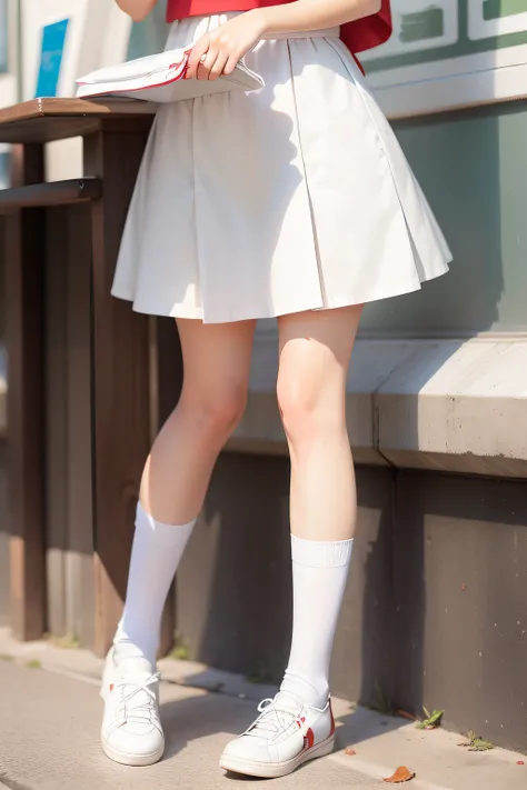 middle School girls，Single horsetail，Red and white school uniform top，Short white dress，White silk and white socks，white shoe