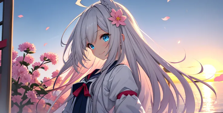 {{masterpiece}},best quality,1girl,solo,illustration,ahoge,young loli,gradient white hair,longhair,{{beautiful detailed eyes}},blue serafuku,looking_at_viewer,small breast,gradient  blue eyes,arms_behind_back,hair_flower,beautiful detailed sky,water,half b...