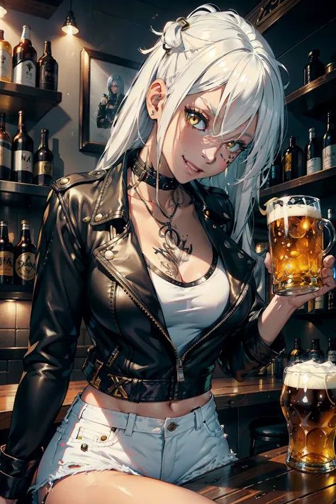 girl, white hair, Yellow eyes, black skin, wearing black leather jacket, white shirt, short jeans in a bar, Holding a beer mug, Tattoed arm, ,smiling,  alcohol, drunk face, 4k, good anatomy, play master, detailed face, whin