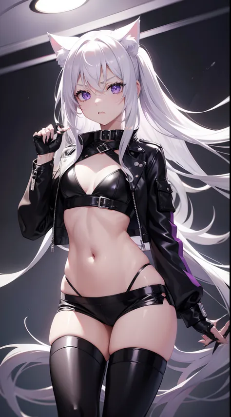 young girl, Long white hair, cat ears, violet eyes, leather jacket, briefs, tear stockings, Black Top, open belly, Lots of scars, claws, anger, Masterpiece, hiquality