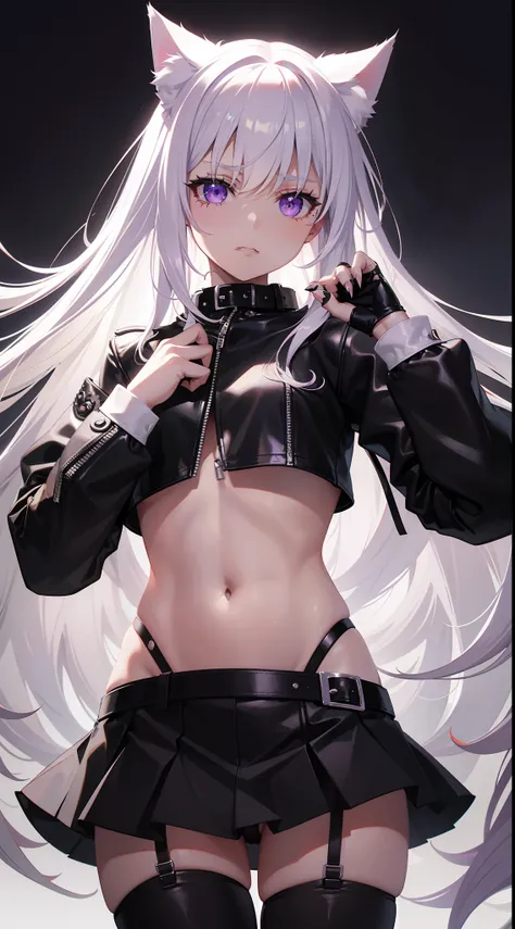 young girl, Long white hair, cat ears, violet eyes, leather jacket, briefs, tear stockings, Black Top, open belly, Lots of scars, claws, anger, Masterpiece, hiquality