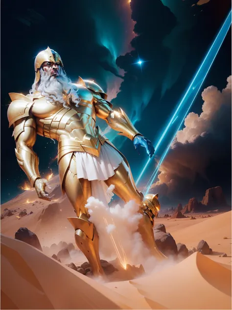 Image of a man in a golden suit with a perk shattered by the desert, Legendary God, rosto de prata, Mito grego pintura digital, O Deus nabucodonosro, Arte Promocional, Furioso Deus Zeus, unreal motor render saint seiya, fecho de luz