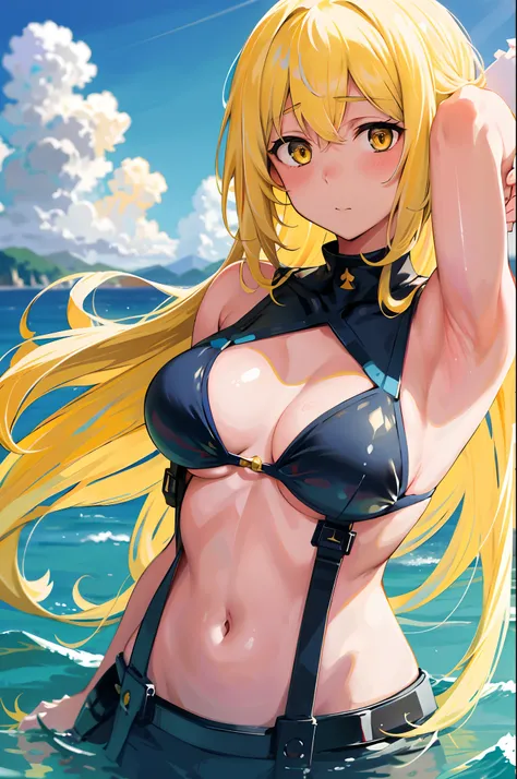 masterpiece, best quality, 1girl, looking at viewer, cute, bikini, (seascape), medium breasts, yellow eyes,  aiz wallenstein,  yellow hair, long hair, beautiful detailed eyes, arms behind head, embarrassed, (upper body:1.4),