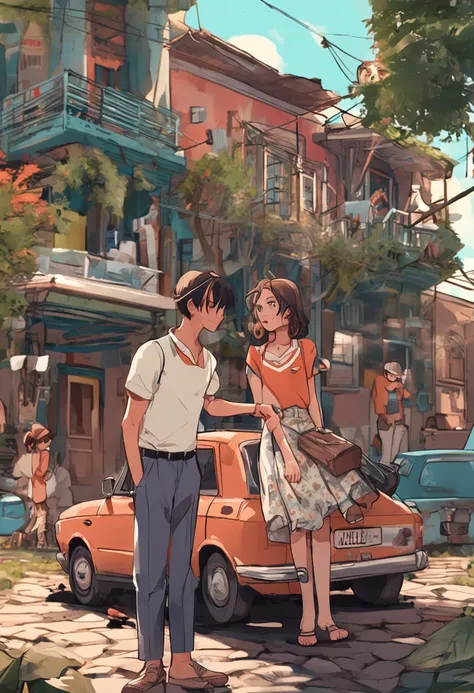 anime style, there are two people standing in front of a building with a car, vacation photo, in front of the house, wearing a travel hat, with many travelers, the girl has bag, the boy wears the smartwatch only, the boy dont wear the glasses or neck ring,...