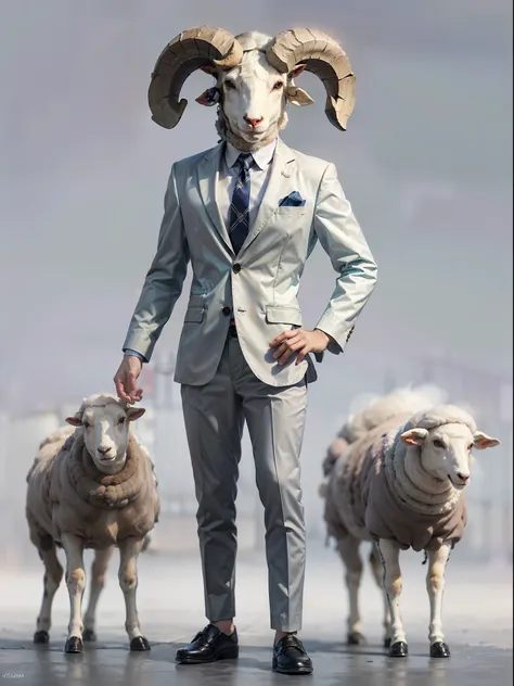 (((fullbody image、Standing posture)))、(Full body ram standing upright in luxury business suit、Humanoid sheep、Cool anthropomorphic ram with long legs)、​masterpiece, top-quality, in 8K , intricate detailes, ultra-detailliert , light Particle、32K Digital Pain...