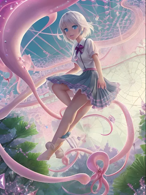 (Best Quality, Masterpiece: 1.1), (Realistic: 1.4), Beautiful naked schoolgirl is riding on the pink squid, god ray, teen, silver short hair, blue eyes, full body, from below, hourglass body shape, flying over the park, crystallineAI, fractal art, splash