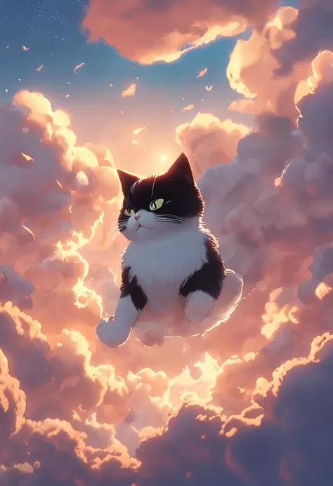 masterpiece, best quality, movie still, cute, tuxedo cat, tuxedo cat cloud, floating in the sky, close-up, bright, happy, warm soft lighting, ghibli style, anime, book, sunset, (sparks:0.7)