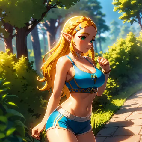 ((masterpiece)),(illustration),(((best quality)),iridescent, high resolution illustration,Amazing,highres,intricate detail, extremely detailed CG unity 8k wallpaper ((zelda)), full body, large breasts, (delicate cute face), blond long hair, lovestruck,(gre...