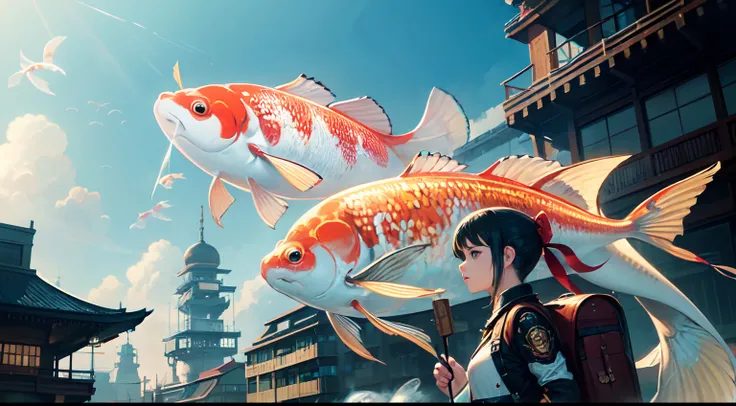 graphic novel illustration, koi fish type airship is steampunk with clockpunk, smoke, upper sky flying, (girl is holding koi-fish-printflag:1.2), 100 years into the future cityscape background in detailed, tonal contrast, photo painting, digital colored, (...