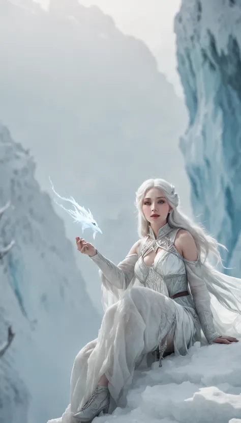 (A cold woman in an ice shooter costume sits on the edge of an ice cliff,Archer with ice bow:1.2),(Red hair: 1.5),(Blue fluffy hood,blue colored eyes,White hair,Delicate and beautiful face:1.3),Fine and perfect anatomy,dynamicposes,snowy day,Fantasyart,The...