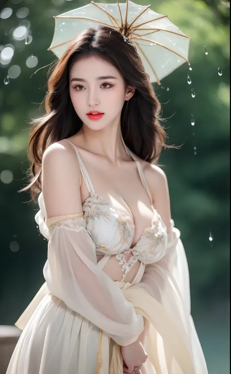 ((Best Quality, 8k, Masterpiece: 1.3)), Focus: 1.2, Perfect Body Beauty: 1.4, Buttocks: 1.2, ((Layered Haircut)), (Wet Clothes: 1.1), (Rain, Street:1.3), (Breasts: 1.2), (Hanfu: 1.2), Bare Shoulders, Bare Legs, Highly Detailed Face and Skin Texture, Fine E...