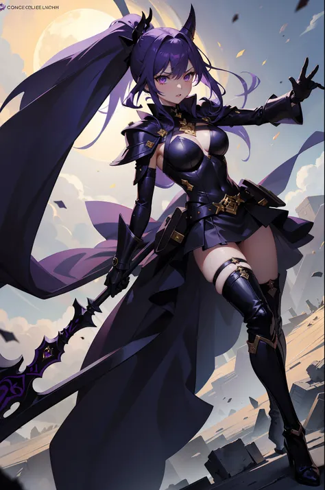 sexy woman, perfect body shape, small breast, holding giant scythe, battle suit outfit, silver color breast plate, battle skirt, (royal cape:1.1), main color is matte black, secondary color is purple, ((bloody body detailed)), sexy and devil aura, original...