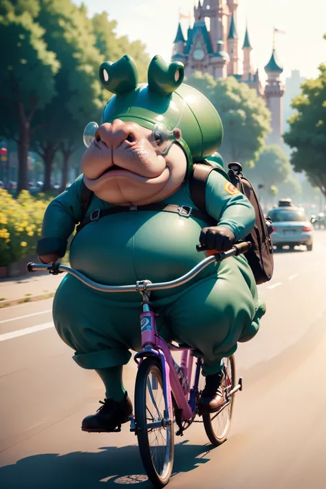 Funny and very funny hippopotamus in a bicycle helmet! on a small bicycle. a closeup of a. Blurred background when moving. Disney Pixar cartoon. a lot of details.