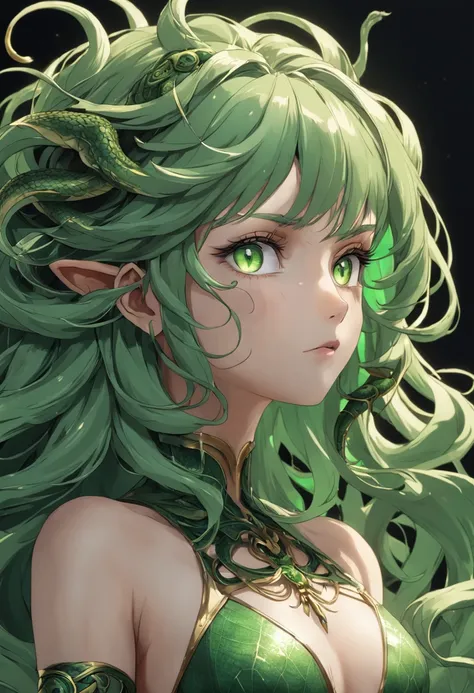 Medusa, ((best quality)), ((masterpiece)), ((realistic)), full body, the hair is composed of countless small snakes, ((green eyes)), female face, metal carved top, royal aura, trend on artstation , sharp focus, studio photo, intricate detail, very detailed...