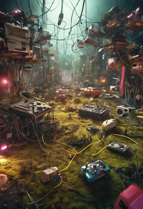 Ultra realistic image of an electronic forest, wires and appliances scattered, Computer motherboards form the floor, tons azulados e esverdeados, fotografia, altamente detalhado