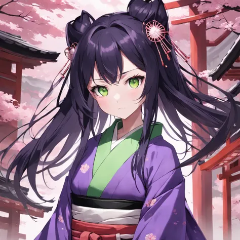 animemanga girl，Purple kimono，Green eyes，Black long-haired anime girl，komono，geisha，onmyoji, shikishi, koyoharu gotouge, inspired by Nishikawa Sukenobu,