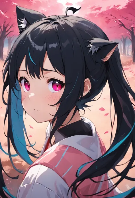 black hair, hair bobbles, wince, longeyelashes, solid circle eyes, fake animal ears, light smile, ear blush, fang, Surrealism, drop shadow, anaglyph, stereogram, tachi-e, pov, atmospheric perspective, 8k, super detail, ccurate, best quality