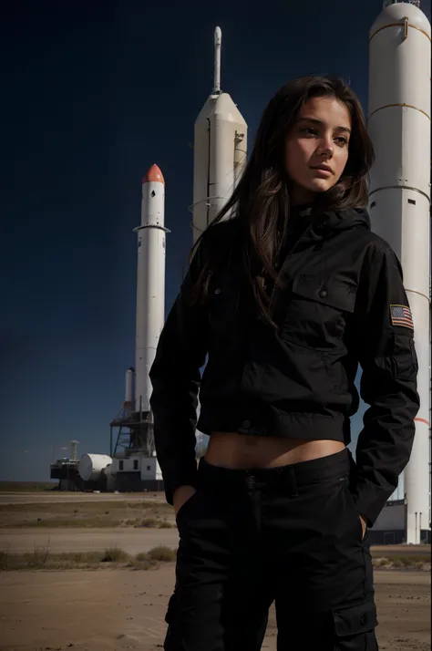 une jeune fille brune de 18 ans, en pantalon cargo noir, at a rocket launch site