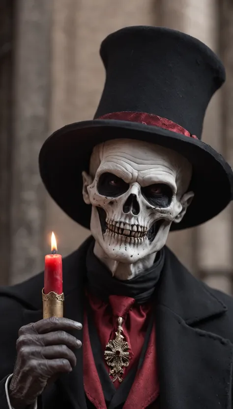 a skull-man, he is dressing a black cape and smoking a cigar, he wears a hat, he is classy, the background is a cemetery with bats and red candles, all the colors are black and red, the skull man is laughing