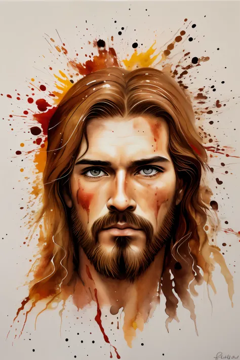 (respingo de tinta, pingos de tinta, splatter de tinta), tinta marrom, monocromatic, shades of brown and red, Aquarela, pinceladas largas, faca de paleta, non-portrait painting of Jesus Christ, Olhos detalhados, ((olhos pretos)), cabelos escuros, hands hid...